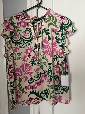 1. State Cream Blouse Pink & Green Floral Print Womens L large top shirt v neck